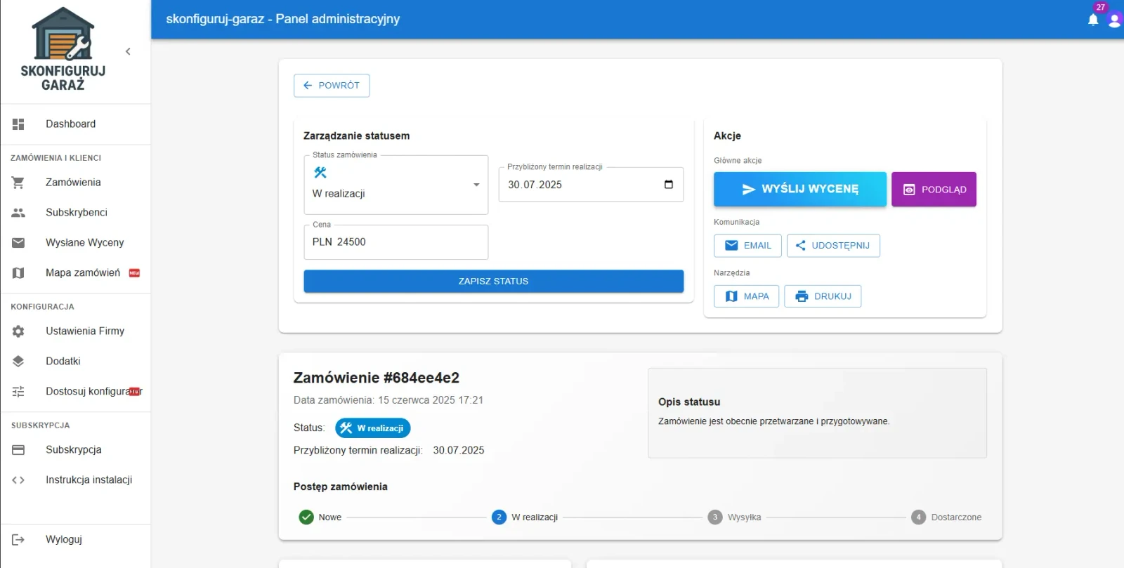 System zamówień i wysyłki wycen